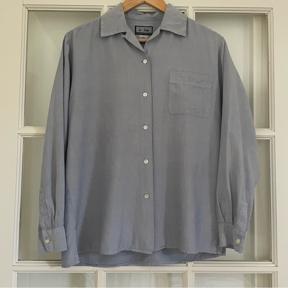 Le Seta 100% silk icy blue grey gray button up long sleeve blouse women's medium